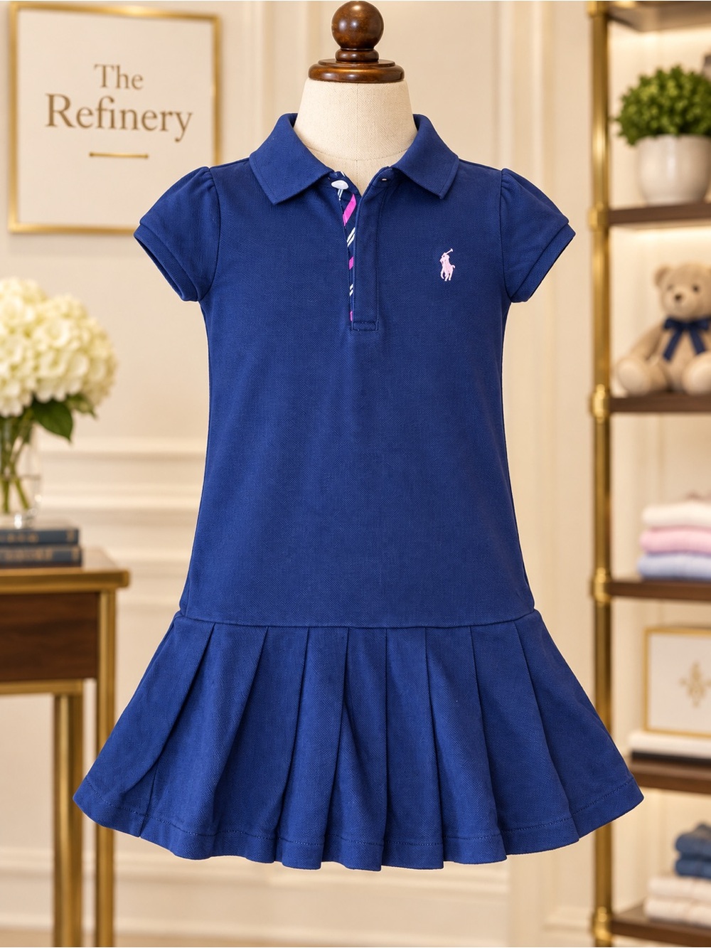 Polo by Ralph Lauren Girls Navy Blue Pleated Polo Dress with Pink Pony